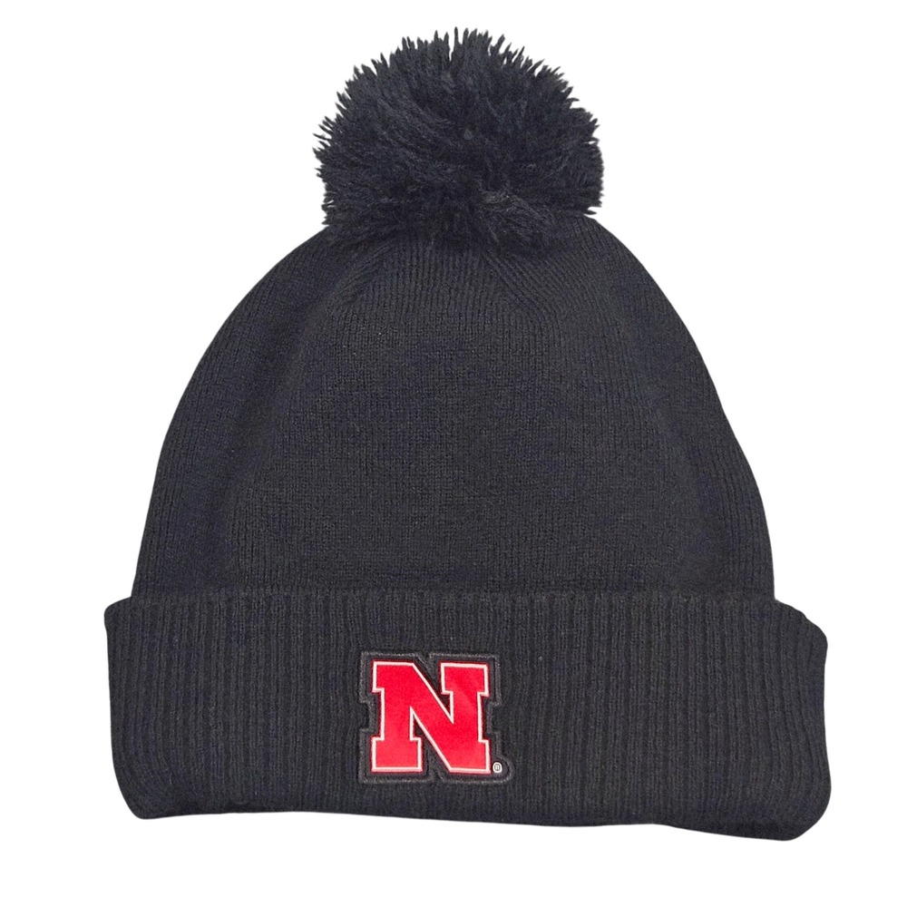 Nebraska Cornhuskers Beanie Hat Black Adidas Cold Ready Pom Black‎ Logo NCAA